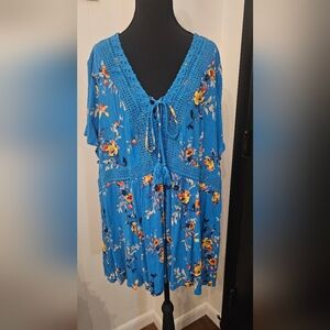 Torrid Blue Floral Blouse with Yellow Accents 4X